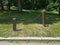 Wood posts connected with a chain in the grass