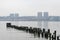Wood Posts in the Hudson River along the Shore of Lincoln Square New York City with a view of West New York New Jersey during a Fo