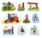 Wood processing vector illustration flat set. Wooden production equipment and timbers. Sawing up trucks, transportation