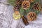 Wood scents for winter time aromatherapy. Pine cones and fresh green fir tree boughs, essential oil bottles, top view