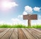 Wood sign ,fresh spring green grass with blue sky