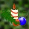 Wood spruce tree . Blurring background. Preparation for Christmas. New Year . Red and blue ball . Festive candle. Fire .