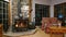 Wood stove fireplace with metal body and glass door in house with cozy interior