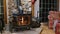 Wood stove fireplace with metal body and glass door in house with cozy interior