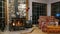 Wood stove fireplace with metal body and glass door in house with cozy interior