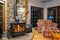 Wood stove fireplace with metal body and glass door in house with cozy interior