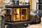 Wood stove fireplace with metal body and glass door in house with cozy interior