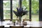 wood table and chair in dining room beside window with lake