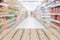 Wood table with Empty Supermarket aisle shelves