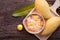 Wood table with fresh mangoes and homemade candy