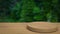 The wood table and Green forest Background 3d rendering