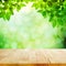 Wood table top with green leaf & blur bokeh background