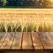 Wood table top on soft focus rice field in morning light background. For montage product display.