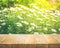 Wood table top on white daisy garden background