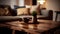 Wood tabletop blurred modern coxy living room. Al generated