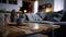 Wood tabletop blurred modern coxy living room. Al generated
