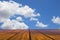 Wood terrace perspective to blue sky white cloud