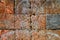 Wood texture of the target with white silhouette of the man. Target for throwing with traces, scratches, holes. Old surface