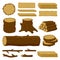 Wood trunks. Tree lumber, wood logs, logging twigs and wooden planks, stacked firewood material isolated vector