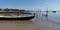 Wood vintage Oyster boat at arcachon in France web template panoramic header banner