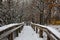 Wood walkway covered by snow at Porcupine Mountains Wilderness State Park in Michigan. Winter landscape