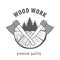 Wood work logo design template. Carpentry  professional service.  Cross section of a tree and two axes. Logo in gray for your  des