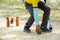 Woodball player on field with woodball gate and stick on competi