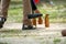 Woodball player on field with woodball gate and stick on competi