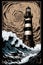 Woodblock print of a lighthouse in stormy seas, traditional craft style. Generative AI