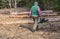 Woodcutter with a chainsaw in hand in the forest