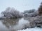 Wooded banks of a river in a snowfall