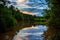 Wooded Fiery Clouds Lake Sunset Reflection