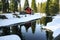 Wooded river landscape and red shack