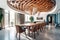 Wooden abstract mesh ceiling in mid-century dining room. Interior design of modern home. Created with generative AI