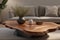 Wooden Accent Coffee Table Close-Up with Stylish Vases - 3D Render for Chic Interior Design.