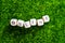 Wooden alphabet in online wording on the background of artificial green grass.