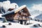 wooden alpine house with snow-covered roof exterior of the winter chalet