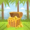 Wooden Ancient Chest of Gold on Tropical Island, Lost Pirate Treasures Cartoon Vector Illustration.