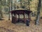 Wooden Arbor or pavilon in leaves forest in fall season