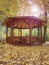 Wooden Arbor or pavilon in leaves forest in fall season