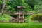 Wooden arch bridge in traditional japanese garden