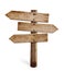 Wooden arrow sign post or road signpost isolated