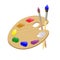 Wooden art palette with paints, and brushes for drawing. Items for creativity and learning