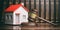 Wooden auction or judge gavel, a small house and books. 3d illustration