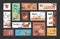 Wooden baby toy postage stamp vintage mail letter delivery sticker postmark set vector flat