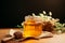 Wooden backdrop enhances closed honey jar preserving the allure of fresh sweetness