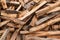 Wooden background. Firewood stack for the background. A lot of cutted logs. Stack of sawn logs. Natural wooden decor background.