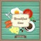 Wooden background with fried egg, sausage, coffee, tomato, cheese, fork and knife