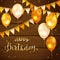 Wooden Background with Golden Birthday Balloons and Pennants