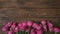 Wooden background with pink flowers and copy space for text, florist lays bunch roses on planks